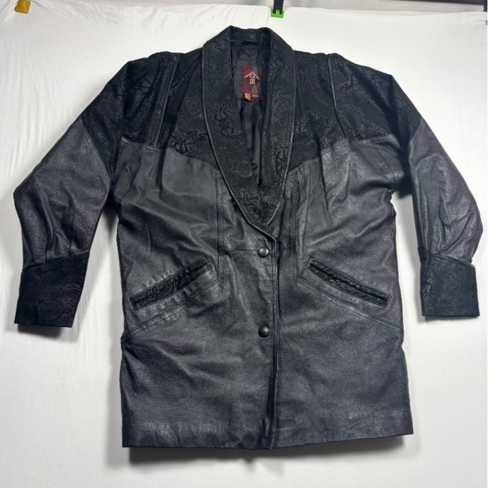 G III Womens Black Paisley Leather Trim Button Front Jacket Size S Small Vintage